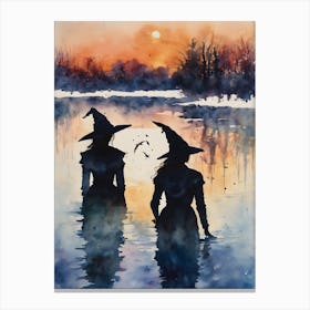 Searching ~ Spectre Witches Wade Through A Creepy Lake at Dawn ~ Witchy Gothic Fairytale Watercolour Pagan Spooky Dusk Dawn Haunting Artwork Painting Canvas Print
