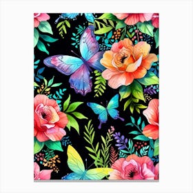 Watercolor Roses And Butterflies Canvas Print