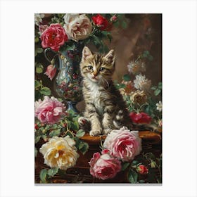 Kitten With The Peonies Rococo Painting Inspired Canvas Print