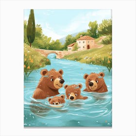 Brown Bear Family Swimming In A River Storybook Illustration 2 Canvas Print