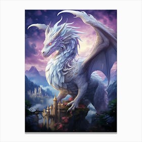 White Dragon Flying Over Landscape Under Full Moon 1 Canvas Print