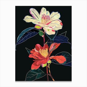 Neon Flowers On Black Camellia 1 Canvas Print