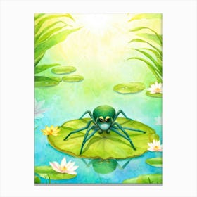 Anthropomorphic Spider Watercolor Style Sporting Cute Facial Features Sitting On A Lily Pad Atop Canvas Print