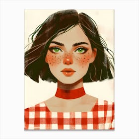 Pretty Woman Girl with Freckles, Green Eyes, Short Brown Hair, Choker, Gingham Dress Canvas Print