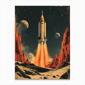 Space Odyssey: Retro Poster featuring Asteroids, Rockets, and Astronauts: Space Shuttle Launch 2 Canvas Print