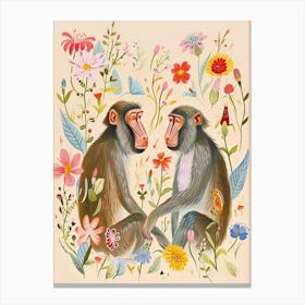 Folksy Floral Animal Drawing Baboon Canvas Print