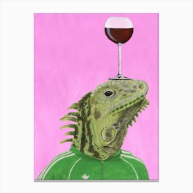 Iguana With Wineglass Pink & Green Canvas Print