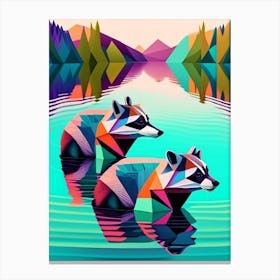 Two Raccoons Swimming In Lake Modern Geometric 2 Canvas Print