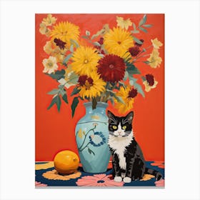 Chrysanthemum Flower Vase And A Cat, A Painting In The Style Of Matisse 0 Canvas Print
