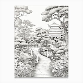 Rikugien Garden In Tokyo, Ukiyo E Black And White Line Art Drawing 2 Canvas Print