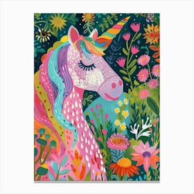 Colourful Unicorn Folky Floral Fauvism Inspired 1 Canvas Print