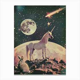 Unicorn In Space With A Bunny Retro Collage Canvas Print