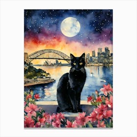 The Black Cat in Sydney Harbour Bridge Bay Opera House Iconic Australia Cityscapes on a Full Moon Traditional Watercolor Art Print Kitty Travels Home and Room Wall Art Cool Decor Klimt and Matisse Inspired Modern Awesome Cool Unique Pagan Witchy Witches Familiar Gift For Cat Lady Animal Lovers World Travelling Genuine Works by British Watercolour Artist Lyra O'Brien Canvas Print