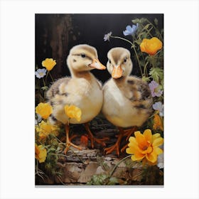 Ducklings In A Bed Of Flowers Painting 3 Canvas Print