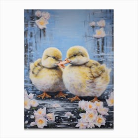 Snowy Winter Ducklings Floral Painting 3 Canvas Print