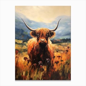 Warm Tones Impressionism Style Paintingh Of Highland Cow In The Valley 2 Canvas Print