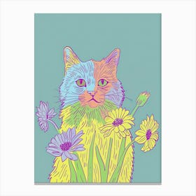 Cute Fluffy Cat With Flowers Illustration 4 Canvas Print