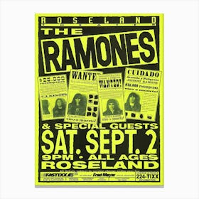 1995 Ramones Concert Poster New Metal Sign Roseland Theater, Portland Oregon Canvas Print