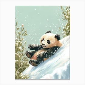 Giant Panda Cub Sliding Down A Snowy Hill Storybook Illustration 4 Canvas Print