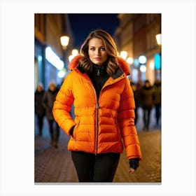 Woman in down jacket, walking in luminous city at night 4 Canvas Print