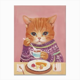Brown Cat Having Breakfast Folk Illustration 3 Canvas Print