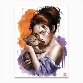 Chinese Girl With Kitten Canvas Print