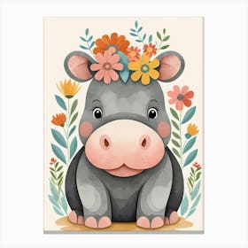 Floral Baby Hippo Nursery Illustration (64) Canvas Print