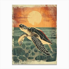 Vintage Sea Turtle At Sunset Painting 4 Canvas Print