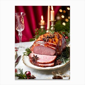 An Entregouted View Of A Glazed Spiced Pork Ham Festooned With A Crown Of Cloves Set On A Lavish C (3) 1 Canvas Print