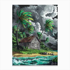 Anime Canvas Art: Dramatic Tropical Island Scene with Rustic Beach Hut and Stormy Sky, Perfect for Coastal Decor and Nature Art Lovers, Lofi. Canvas Print