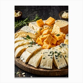 Cheese Fondue Platter Featuring Cheddar Brie Gouda Parmesan Mozzarella Swiss Blocks And Pieces Canvas Print