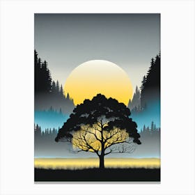 Sunset With A Tree, tree in sunset, tree, Forest, sunset,   Forest bathed in the warm glow of the setting sun, forest sunset illustration, forest at sunset, sunset forest vector art, sunset, forest painting,dark forest, landscape painting, nature vector art, Forest Sunset art, trees, pines, spruces, and firs, black, blue and yellow Canvas Print