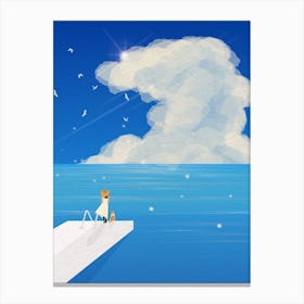 Minimal art Illustration Of A Woman Standing On A Dock at the beach Canvas Print
