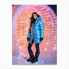 Woman in down jacket at a lighting igloo, mystic Canvas Print