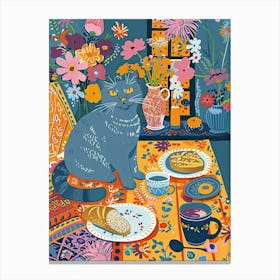 Tea Time With A Russian Blue Cat 4 Canvas Print