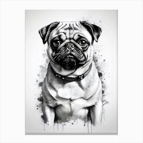 Pug Dog, portrait of pug head only, hand sketched, spiral in the eyes, black and white Canvas Print