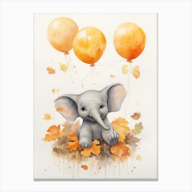 Elephant Flying With Autumn Fall Pumpkins And Balloons Watercolour Nursery 1 Canvas Print