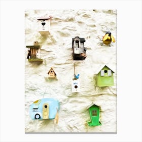 Bird Boxes On Whitewashed Wall Canvas Print