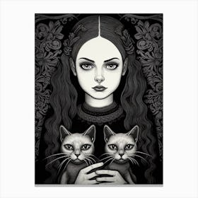 Wednesday Addams And A Cat Line Art Noveau 3 Fan Art Canvas Print