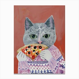 Cute Grey Cat Eating A Pizza Slice Folk Illustration 3 Canvas Print
