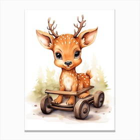 Baby Deer On Toy Car, Watercolour Nursery 2 Canvas Print