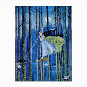 Witch and Black Cat on a Broomstick - Ida Rentoul Outhwaite - 1921 from the book 'Fairyland' story 'The Enchanted Forest' Witchy Pagan Fairytale Vintage Art Deco Illustration Witchcore Fairycore Owl Flying Witches Full Moon Canvas Print