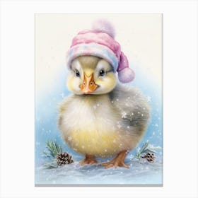 Duckling In A Christmas Hat Winter Scene Illustration Canvas Print