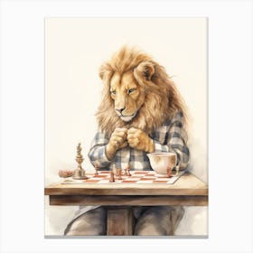 Playing Chess Watercolour Lion Art Painting 3 Canvas Print