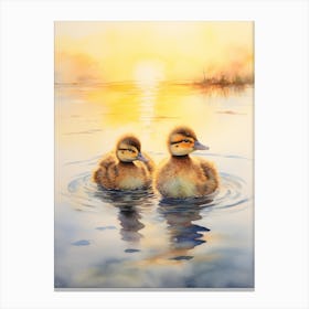 Ducks Swimming In The Lake At Sunset Watercolour 4 Canvas Print