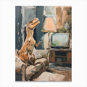 Dinosaur In The Living Room With A Tv Canvas Print