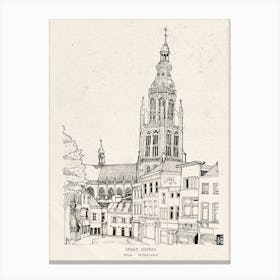 Breda Great Church Netherlands Art Print - Hand-Drawn Pen & Ink Cityscape - Dutch Wall Art, Holland Travel Art, Dutch Gifts Canvas Print