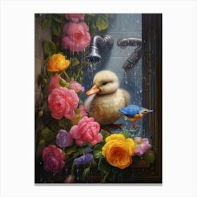Duckling In The Shower Floral Painting Canvas Print
