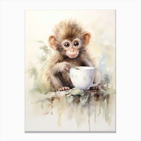 Monkey Painting Drinking Tea Watercolour 1 Canvas Print