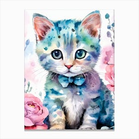 Blue Kitten With Pink Roses Canvas Print